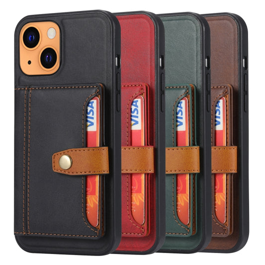 iPhone 13 mini case showing color-matched design with TPU frame and calfskin exterior