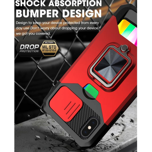 Dual-layer iPhone X case with functional card storage and metal ring stand