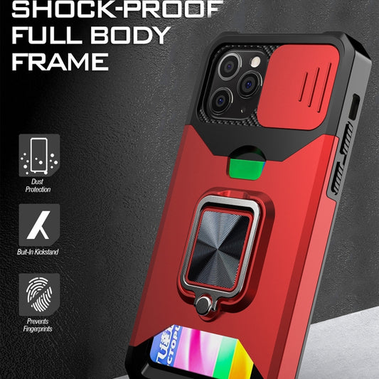 iPhone 11 Pro Max case front view showing camera cover slider and card slot access