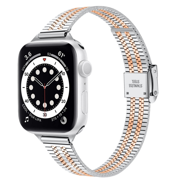 14mm Seven-beads Double Safety Buckle Slim Steel Replacement Strap Watchband For Apple Watch Series, 7 41mm / 6 & SE & 5 & 4 40mm / 3 & 2 & 1 38mm, 7 45mm / 6 & SE & 5 & 4 44mm / 3 & 2 & 1 42mm