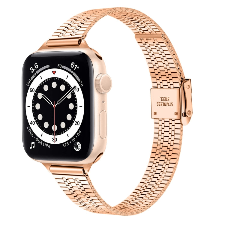 14mm Seven-beads Double Safety Buckle Slim Steel Replacement Strap Watchband For Apple Watch Series, 7 41mm / 6 & SE & 5 & 4 40mm / 3 & 2 & 1 38mm, 7 45mm / 6 & SE & 5 & 4 44mm / 3 & 2 & 1 42mm