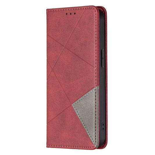Black leather iPhone 13 Pro Max case featuring geometric rhombus pattern design