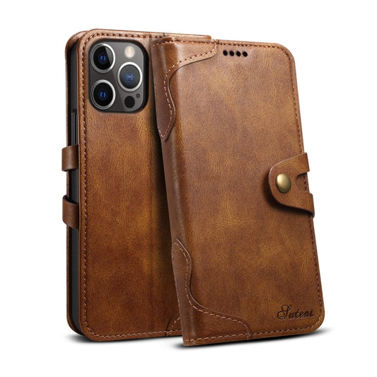 Closed buckle securing leather case protecting iPhone 13 Pro display