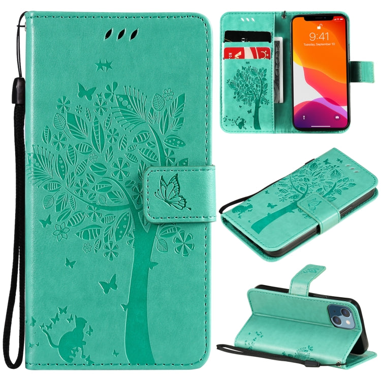 Tree & Cat Pattern Pressed Printing Horizontal Flip PU Leather Case with Holder & Card Slots & Wallet & Lanyard, For iPhone 13 mini, For iPhone 13
