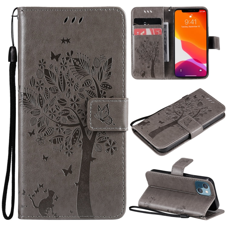 Tree & Cat Pattern Pressed Printing Horizontal Flip PU Leather Case with Holder & Card Slots & Wallet & Lanyard, For iPhone 13 mini, For iPhone 13