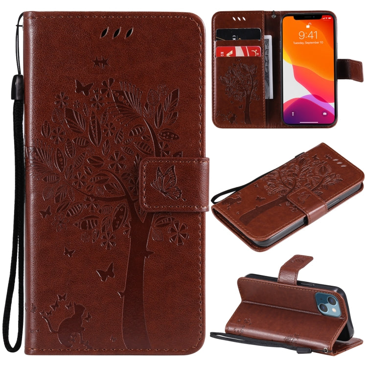 Tree & Cat Pattern Pressed Printing Horizontal Flip PU Leather Case with Holder & Card Slots & Wallet & Lanyard, For iPhone 13 mini, For iPhone 13