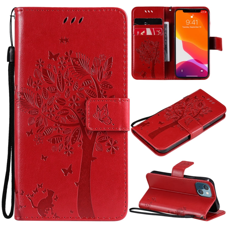 Tree & Cat Pattern Pressed Printing Horizontal Flip PU Leather Case with Holder & Card Slots & Wallet & Lanyard, For iPhone 13 mini, For iPhone 13