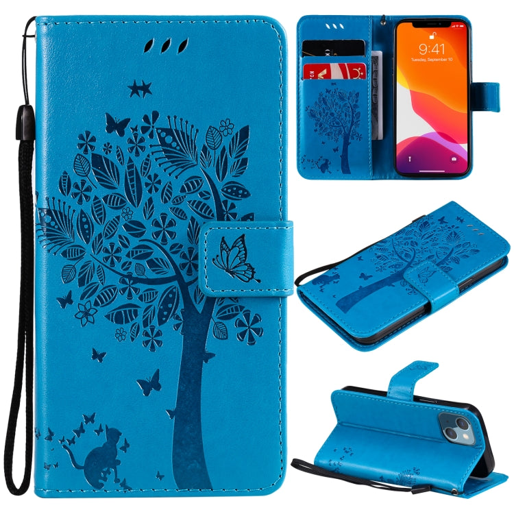 Tree & Cat Pattern Pressed Printing Horizontal Flip PU Leather Case with Holder & Card Slots & Wallet & Lanyard, For iPhone 13 mini, For iPhone 13