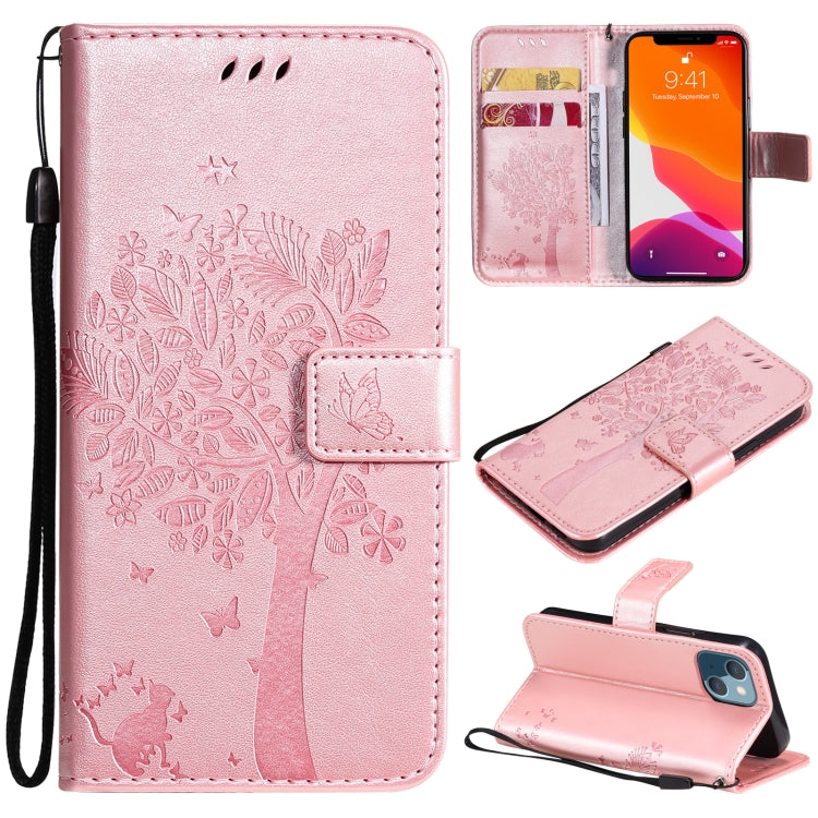 Tree & Cat Pattern Pressed Printing Horizontal Flip PU Leather Case with Holder & Card Slots & Wallet & Lanyard, For iPhone 13 mini, For iPhone 13