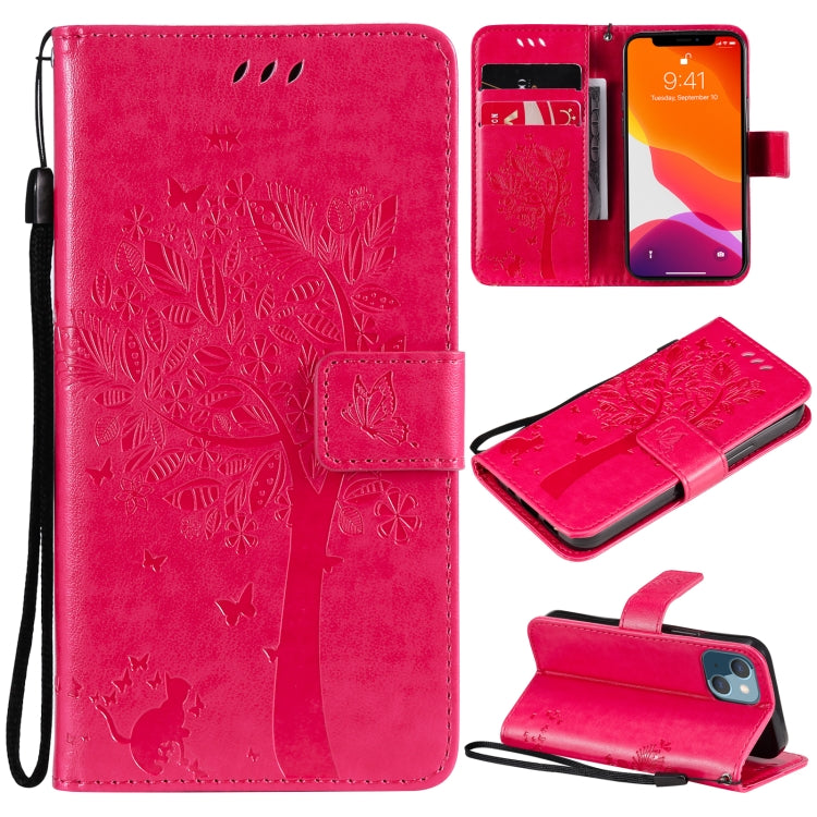Tree & Cat Pattern Pressed Printing Horizontal Flip PU Leather Case with Holder & Card Slots & Wallet & Lanyard, For iPhone 13 mini, For iPhone 13