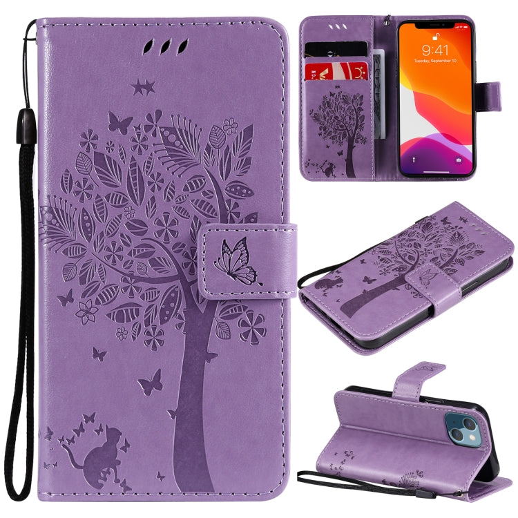 Tree & Cat Pattern Pressed Printing Horizontal Flip PU Leather Case with Holder & Card Slots & Wallet & Lanyard, For iPhone 13 mini, For iPhone 13