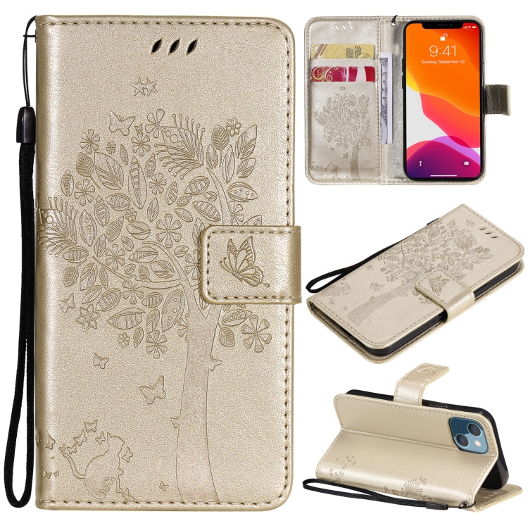 Tree & Cat Pattern Pressed Printing Horizontal Flip PU Leather Case with Holder & Card Slots & Wallet & Lanyard, For iPhone 13 mini, For iPhone 13
