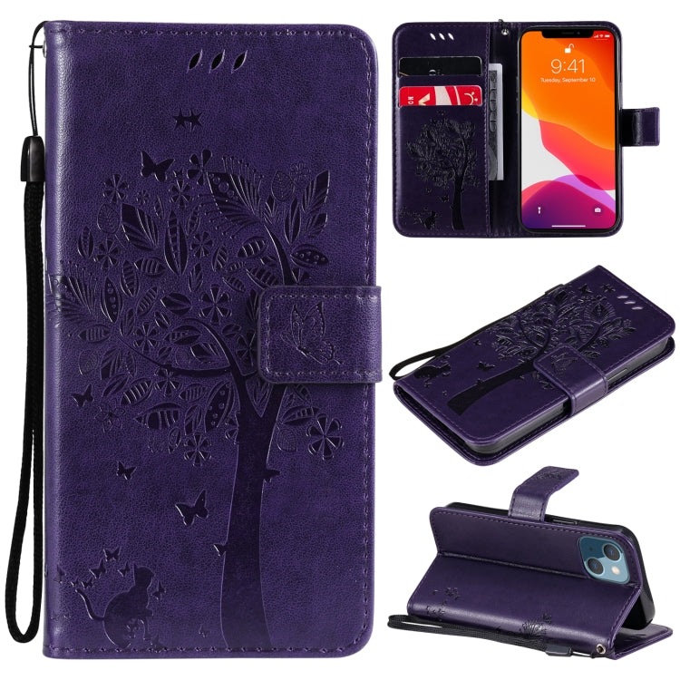 Tree & Cat Pattern Pressed Printing Horizontal Flip PU Leather Case with Holder & Card Slots & Wallet & Lanyard, For iPhone 13 mini, For iPhone 13