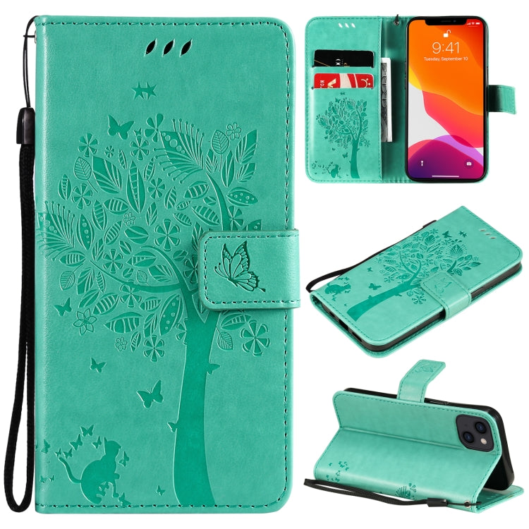 Tree & Cat Pattern Pressed Printing Horizontal Flip PU Leather Case with Holder & Card Slots & Wallet & Lanyard, For iPhone 13 mini, For iPhone 13