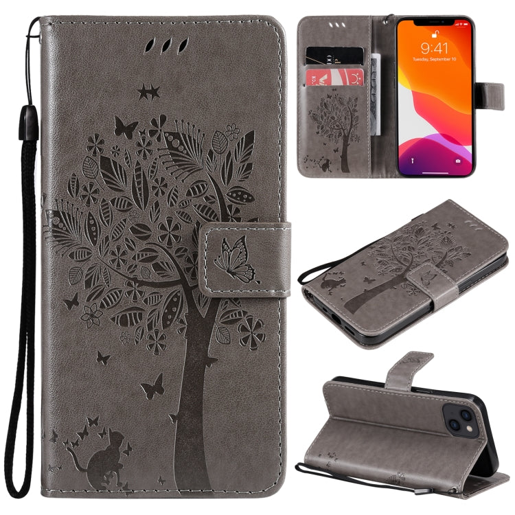 Tree & Cat Pattern Pressed Printing Horizontal Flip PU Leather Case with Holder & Card Slots & Wallet & Lanyard, For iPhone 13 mini, For iPhone 13