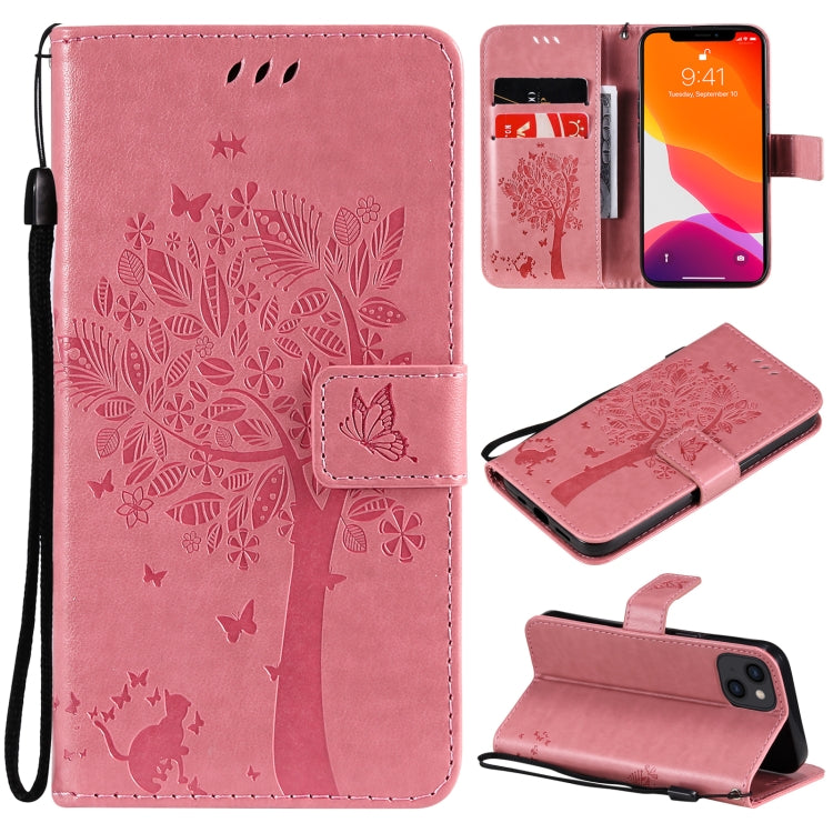 Tree & Cat Pattern Pressed Printing Horizontal Flip PU Leather Case with Holder & Card Slots & Wallet & Lanyard, For iPhone 13 mini, For iPhone 13