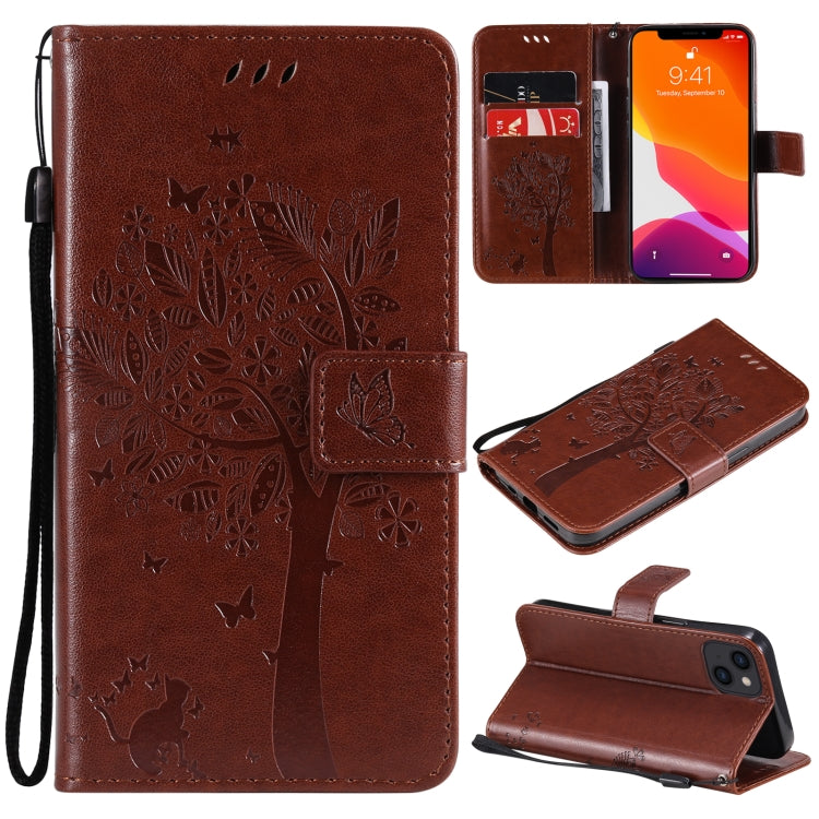 Tree & Cat Pattern Pressed Printing Horizontal Flip PU Leather Case with Holder & Card Slots & Wallet & Lanyard, For iPhone 13 mini, For iPhone 13