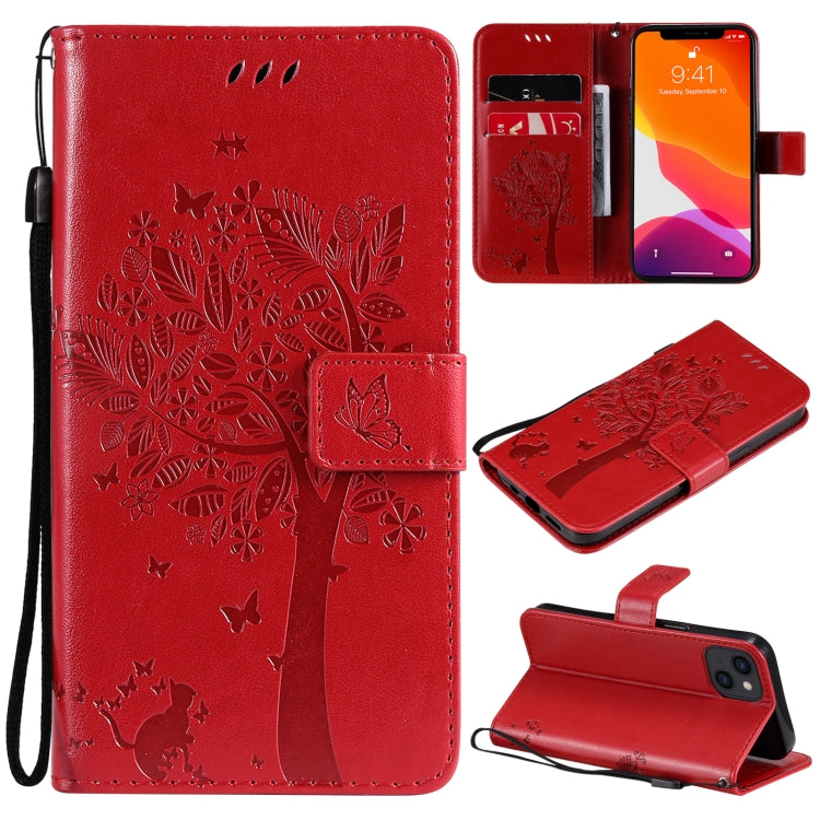 Tree & Cat Pattern Pressed Printing Horizontal Flip PU Leather Case with Holder & Card Slots & Wallet & Lanyard, For iPhone 13 mini, For iPhone 13