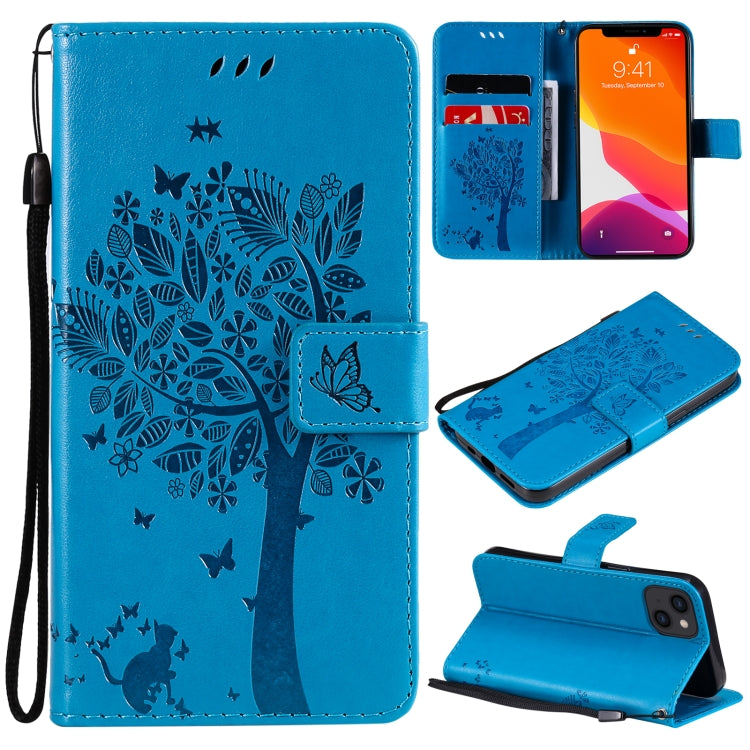 Tree & Cat Pattern Pressed Printing Horizontal Flip PU Leather Case with Holder & Card Slots & Wallet & Lanyard, For iPhone 13 mini, For iPhone 13