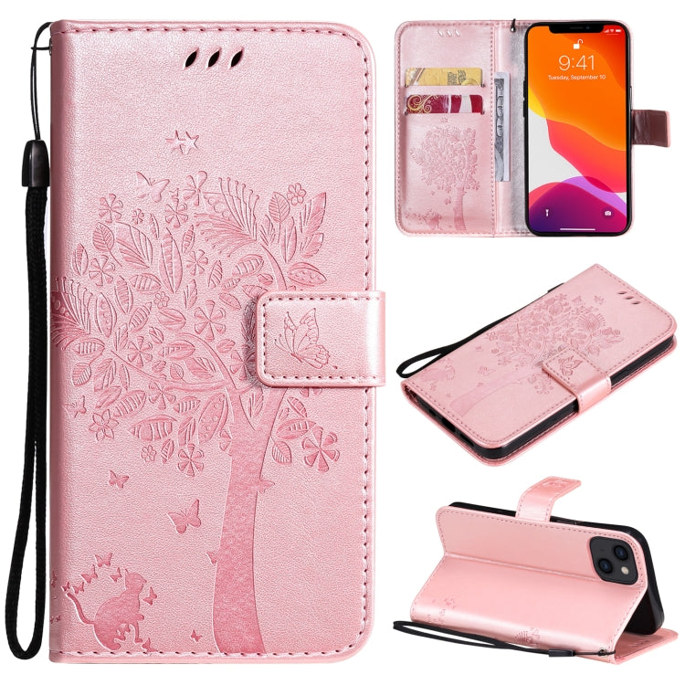 Tree & Cat Pattern Pressed Printing Horizontal Flip PU Leather Case with Holder & Card Slots & Wallet & Lanyard, For iPhone 13 mini, For iPhone 13
