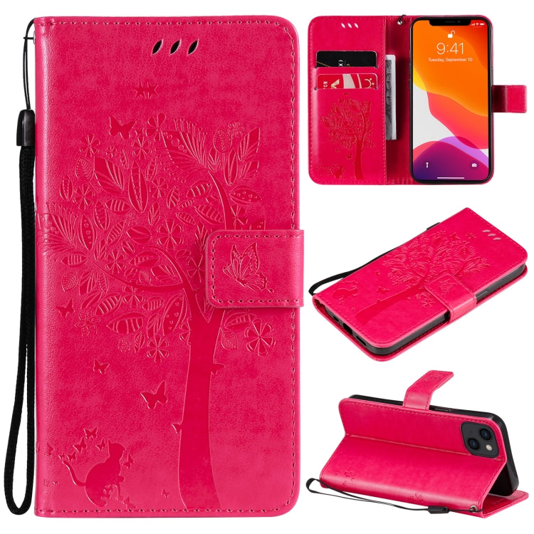 Tree & Cat Pattern Pressed Printing Horizontal Flip PU Leather Case with Holder & Card Slots & Wallet & Lanyard, For iPhone 13 mini, For iPhone 13