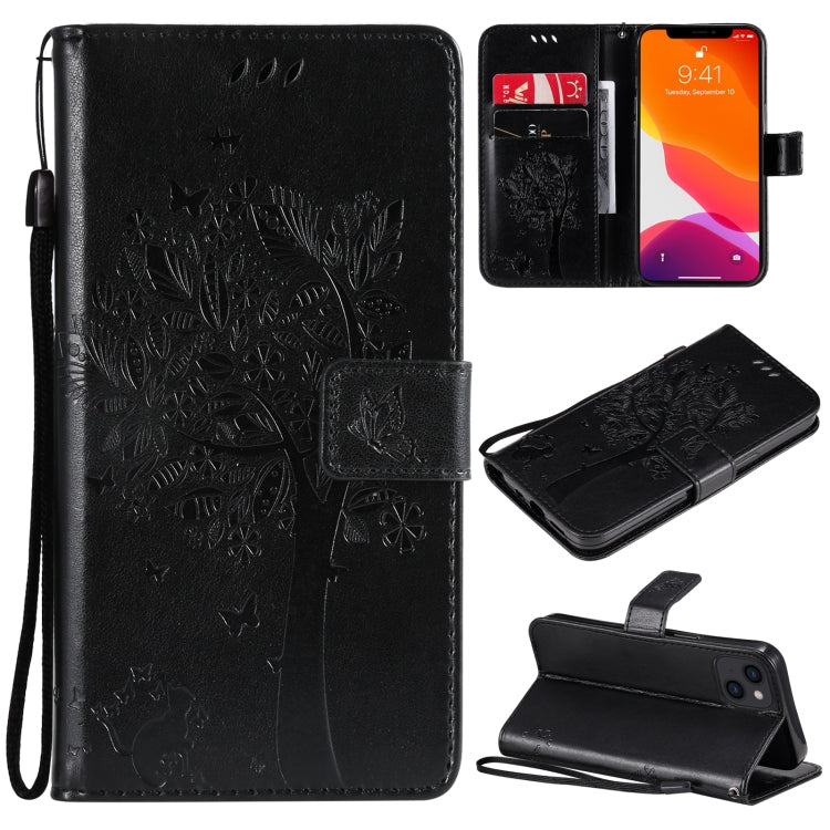 Tree & Cat Pattern Pressed Printing Horizontal Flip PU Leather Case with Holder & Card Slots & Wallet & Lanyard, For iPhone 13 mini, For iPhone 13