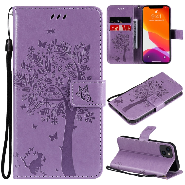 Tree & Cat Pattern Pressed Printing Horizontal Flip PU Leather Case with Holder & Card Slots & Wallet & Lanyard, For iPhone 13 mini, For iPhone 13