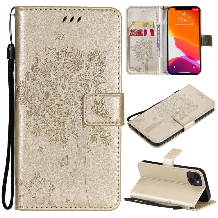 Tree & Cat Pattern Pressed Printing Horizontal Flip PU Leather Case with Holder & Card Slots & Wallet & Lanyard, For iPhone 13 mini, For iPhone 13