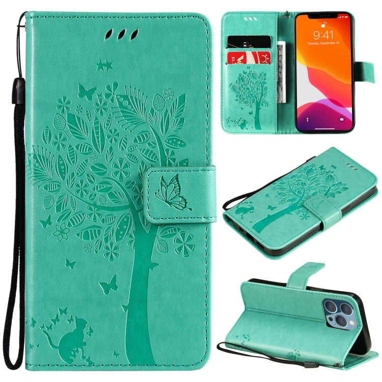 Tree & Cat Pattern Pressed Printing Horizontal Flip PU Leather Case with Holder & Card Slots & Wallet & Lanyard, For iPhone 13 Pro, For iPhone 13 Pro Max