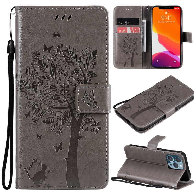 Tree & Cat Pattern Pressed Printing Horizontal Flip PU Leather Case with Holder & Card Slots & Wallet & Lanyard, For iPhone 13 Pro, For iPhone 13 Pro Max