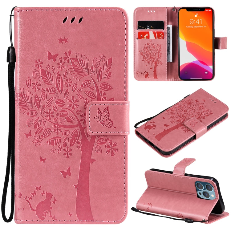 Tree & Cat Pattern Pressed Printing Horizontal Flip PU Leather Case with Holder & Card Slots & Wallet & Lanyard, For iPhone 13 Pro, For iPhone 13 Pro Max