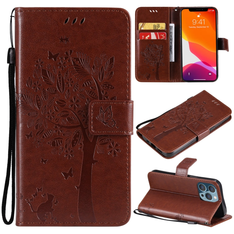 Tree & Cat Pattern Pressed Printing Horizontal Flip PU Leather Case with Holder & Card Slots & Wallet & Lanyard, For iPhone 13 Pro, For iPhone 13 Pro Max