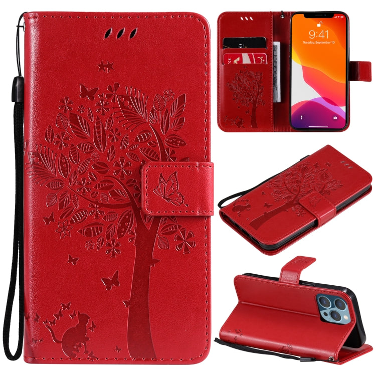 Tree & Cat Pattern Pressed Printing Horizontal Flip PU Leather Case with Holder & Card Slots & Wallet & Lanyard, For iPhone 13 Pro, For iPhone 13 Pro Max