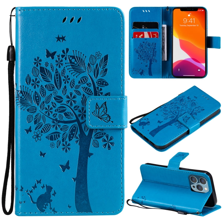 Tree & Cat Pattern Pressed Printing Horizontal Flip PU Leather Case with Holder & Card Slots & Wallet & Lanyard, For iPhone 13 Pro, For iPhone 13 Pro Max