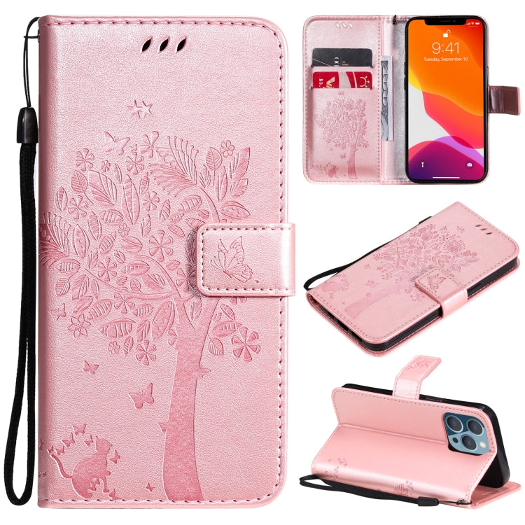 Tree & Cat Pattern Pressed Printing Horizontal Flip PU Leather Case with Holder & Card Slots & Wallet & Lanyard, For iPhone 13 Pro, For iPhone 13 Pro Max