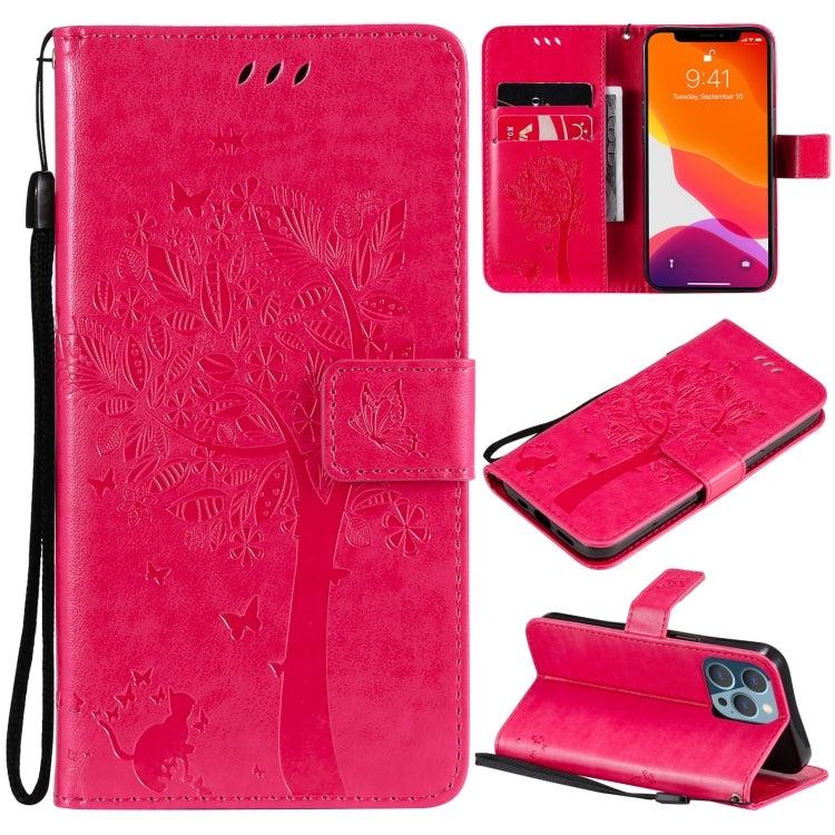 Tree & Cat Pattern Pressed Printing Horizontal Flip PU Leather Case with Holder & Card Slots & Wallet & Lanyard, For iPhone 13 Pro, For iPhone 13 Pro Max