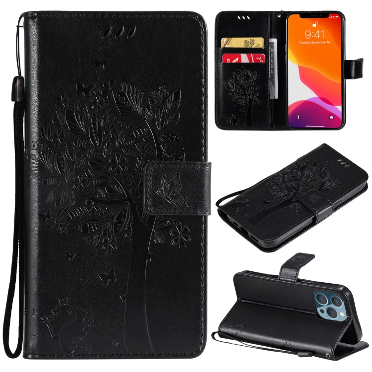 Tree & Cat Pattern Pressed Printing Horizontal Flip PU Leather Case with Holder & Card Slots & Wallet & Lanyard, For iPhone 13 Pro, For iPhone 13 Pro Max