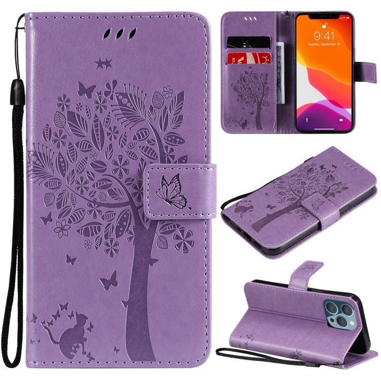 Tree & Cat Pattern Pressed Printing Horizontal Flip PU Leather Case with Holder & Card Slots & Wallet & Lanyard, For iPhone 13 Pro, For iPhone 13 Pro Max