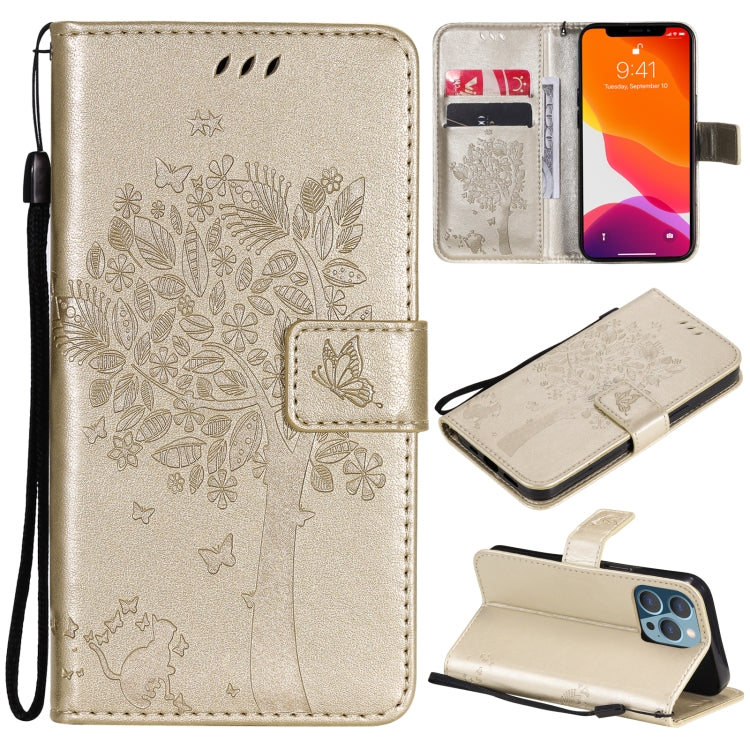 Tree & Cat Pattern Pressed Printing Horizontal Flip PU Leather Case with Holder & Card Slots & Wallet & Lanyard, For iPhone 13 Pro, For iPhone 13 Pro Max