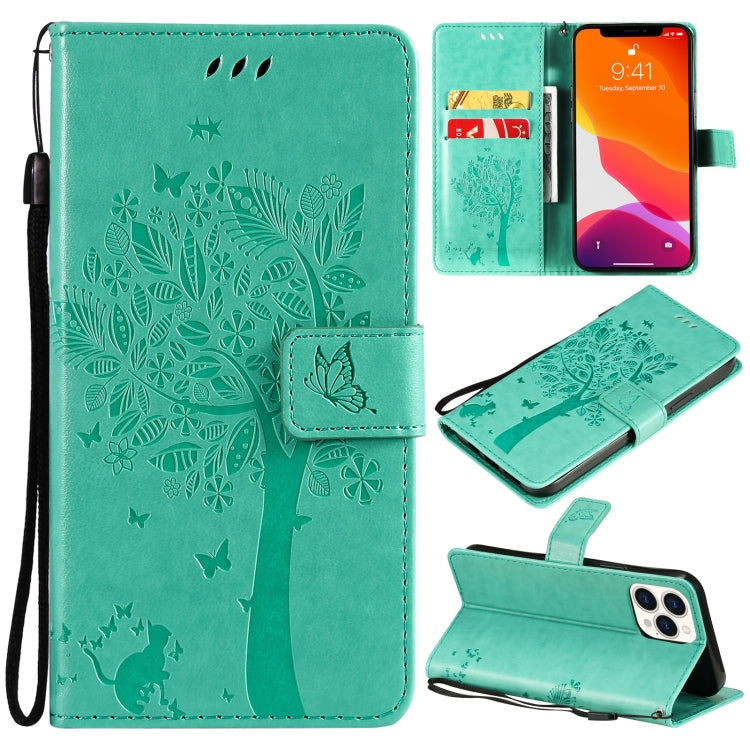 Tree & Cat Pattern Pressed Printing Horizontal Flip PU Leather Case with Holder & Card Slots & Wallet & Lanyard, For iPhone 13 Pro, For iPhone 13 Pro Max