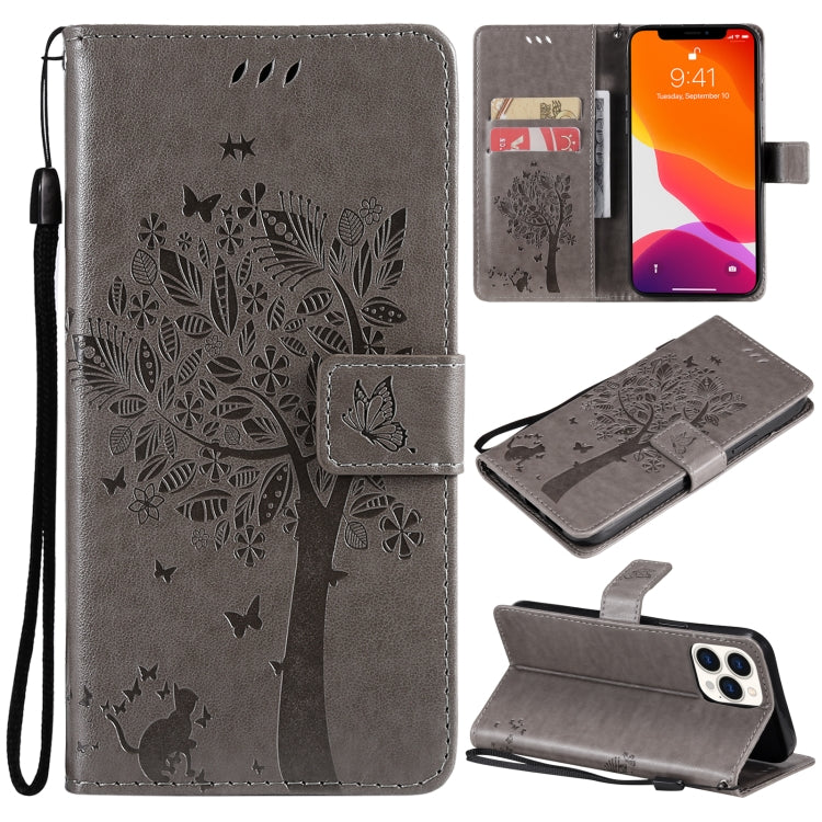 Tree & Cat Pattern Pressed Printing Horizontal Flip PU Leather Case with Holder & Card Slots & Wallet & Lanyard, For iPhone 13 Pro, For iPhone 13 Pro Max