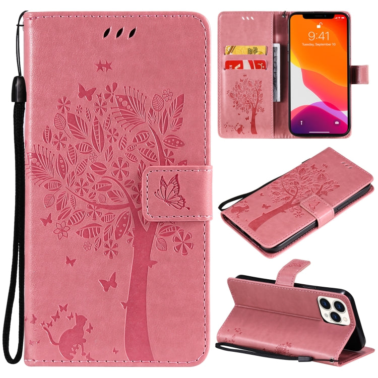 Tree & Cat Pattern Pressed Printing Horizontal Flip PU Leather Case with Holder & Card Slots & Wallet & Lanyard, For iPhone 13 Pro, For iPhone 13 Pro Max