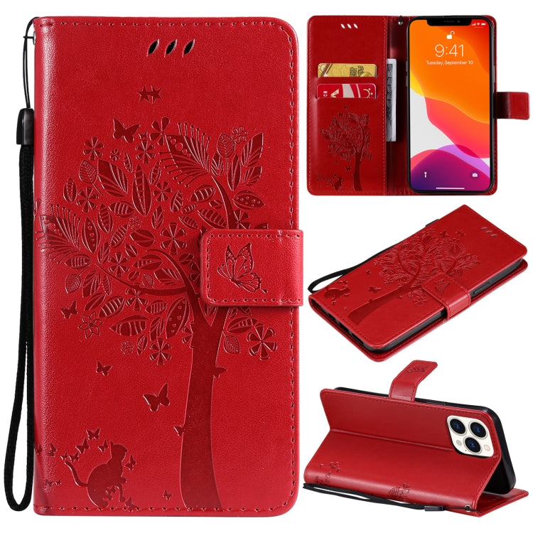 Tree & Cat Pattern Pressed Printing Horizontal Flip PU Leather Case with Holder & Card Slots & Wallet & Lanyard, For iPhone 13 Pro, For iPhone 13 Pro Max