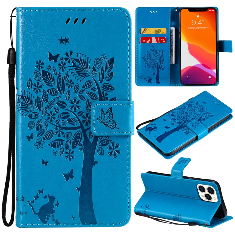 Tree & Cat Pattern Pressed Printing Horizontal Flip PU Leather Case with Holder & Card Slots & Wallet & Lanyard, For iPhone 13 Pro, For iPhone 13 Pro Max