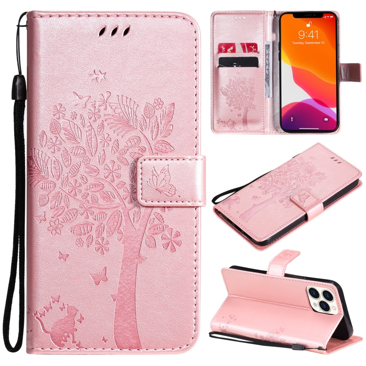Tree & Cat Pattern Pressed Printing Horizontal Flip PU Leather Case with Holder & Card Slots & Wallet & Lanyard, For iPhone 13 Pro, For iPhone 13 Pro Max