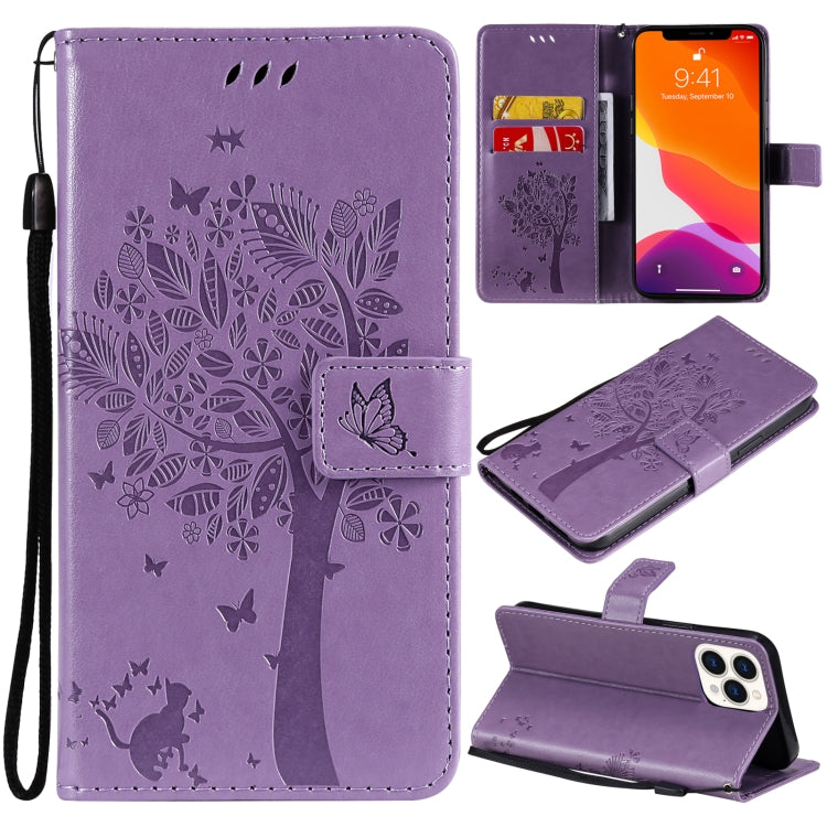 Tree & Cat Pattern Pressed Printing Horizontal Flip PU Leather Case with Holder & Card Slots & Wallet & Lanyard, For iPhone 13 Pro, For iPhone 13 Pro Max