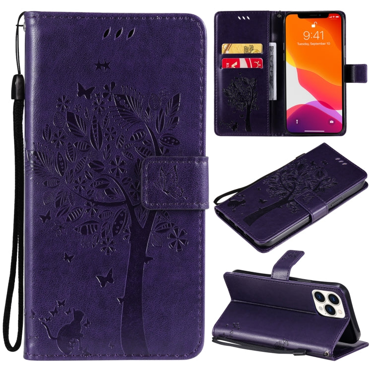 Tree & Cat Pattern Pressed Printing Horizontal Flip PU Leather Case with Holder & Card Slots & Wallet & Lanyard, For iPhone 13 Pro, For iPhone 13 Pro Max