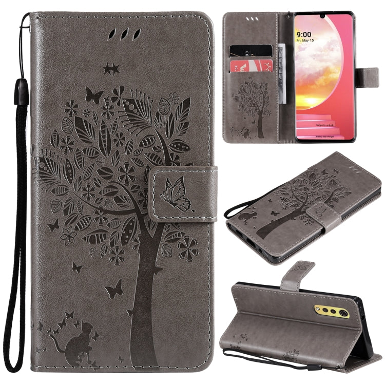 Tree & Cat Pattern Pressed Printing Horizontal Flip PU Leather Case with Holder & Card Slots & Wallet & Lanyard, For LG Velvet 2 Pro, For OPPO Realme GT 5G