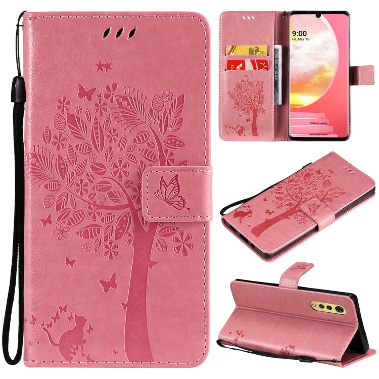 Tree & Cat Pattern Pressed Printing Horizontal Flip PU Leather Case with Holder & Card Slots & Wallet & Lanyard, For LG Velvet 2 Pro, For OPPO Realme GT 5G
