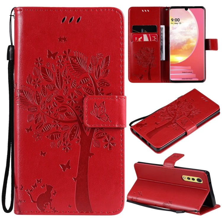 Tree & Cat Pattern Pressed Printing Horizontal Flip PU Leather Case with Holder & Card Slots & Wallet & Lanyard, For LG Velvet 2 Pro, For OPPO Realme GT 5G